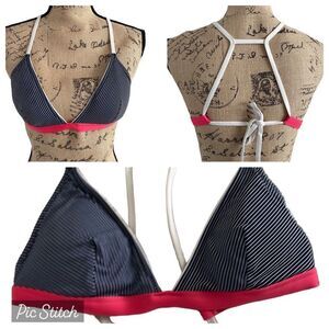 EUC Athleta Navy Blue White Pink Trim Triangle Bikini Top - Small